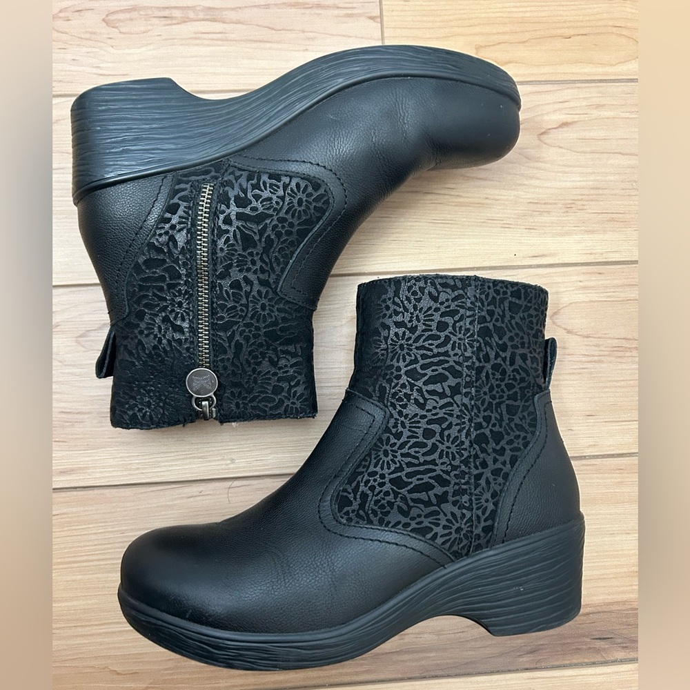 Alegria Black Floral Cutout Wedge Ankle Boots